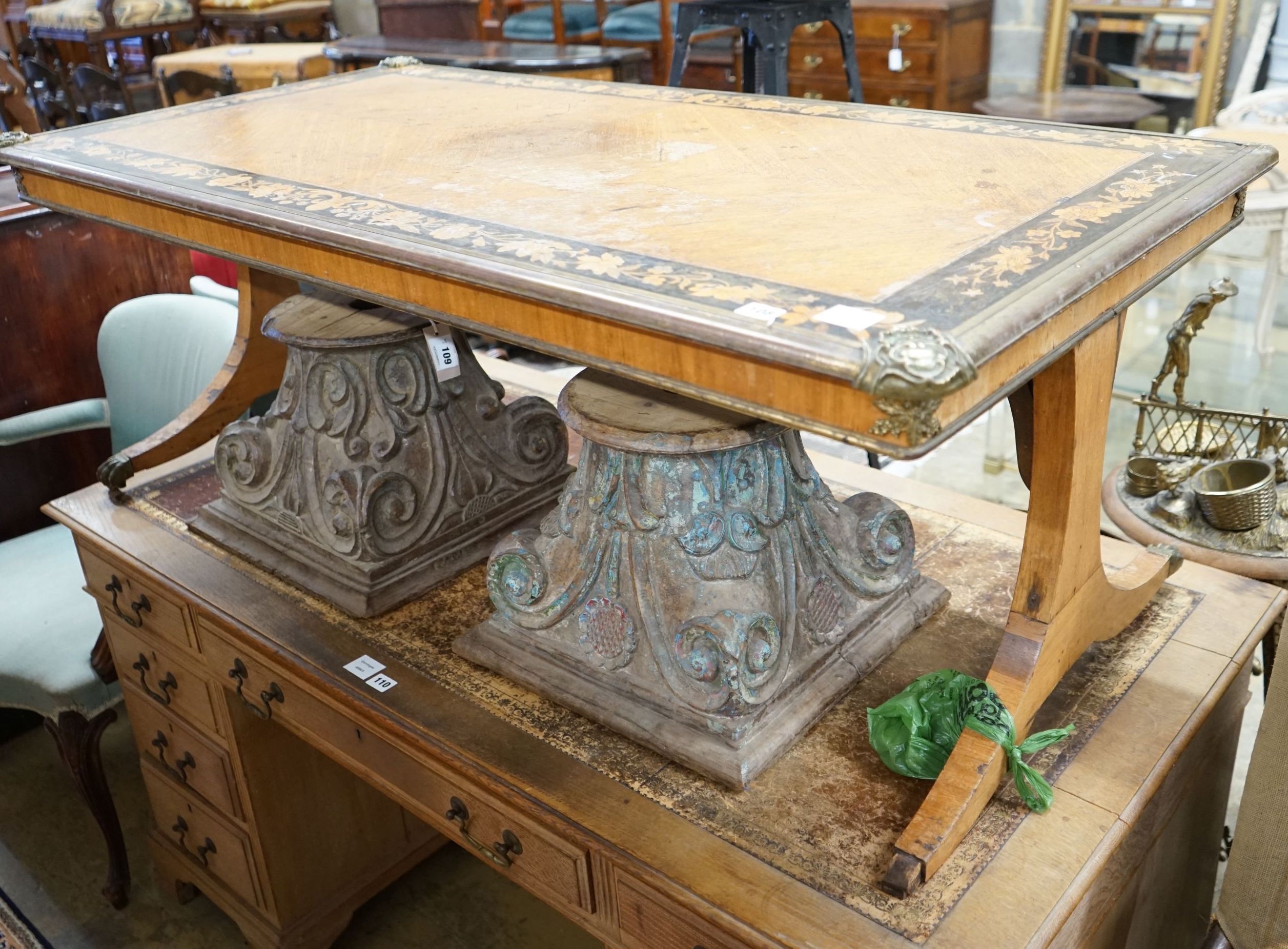 A 19th century French rectangular gilt metal mounted marquetry inlaid kingwood table top, now as coffee table, length 142cm, depth 72cm, height 53cm